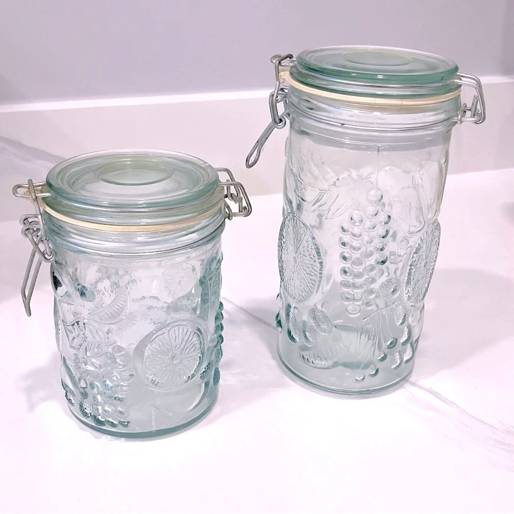 Vintage Embossed Fuit Pattern Glass Canister Set with Wire Bale Hinges, Set of 2